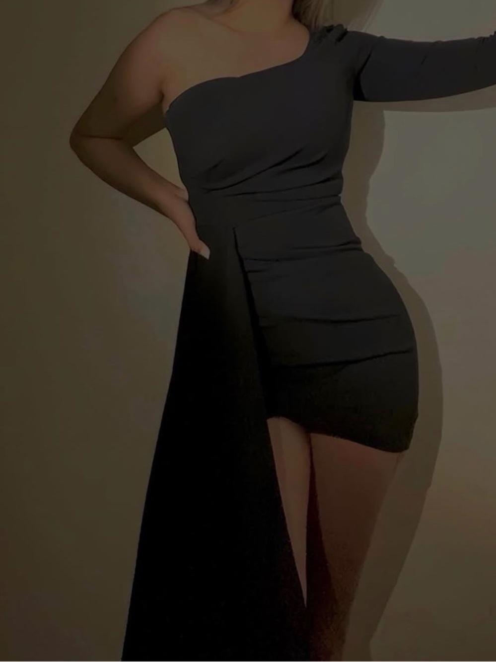 Windsor One-Shoulder Black Asymmetrical Mini Dress with Draped Train